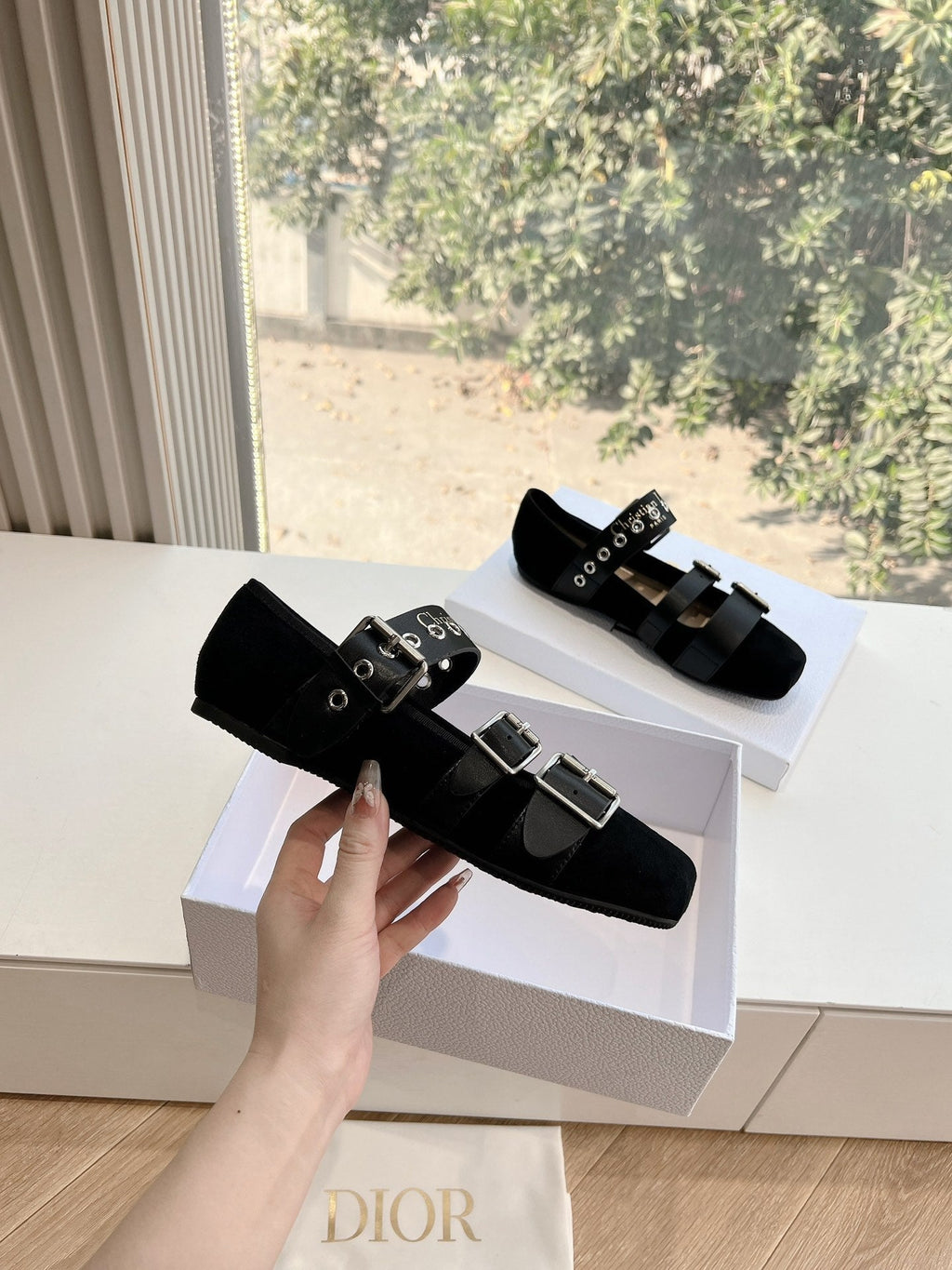 DIOR PUNK BALLET FLAT IN BLACK SUEDE AND SUPPLE CALFSKIN