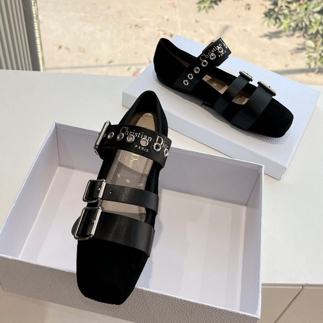 DIOR PUNK BALLET FLAT IN BLACK SUEDE AND SUPPLE CALFSKIN