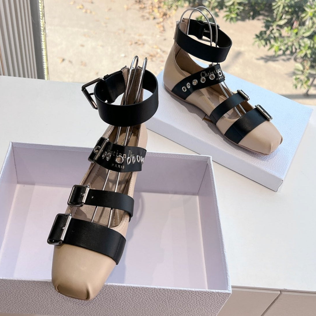 DIOR PUNK BALLET FLAT IN BLACK MIX CAMEL BEIGE CALFSKIN