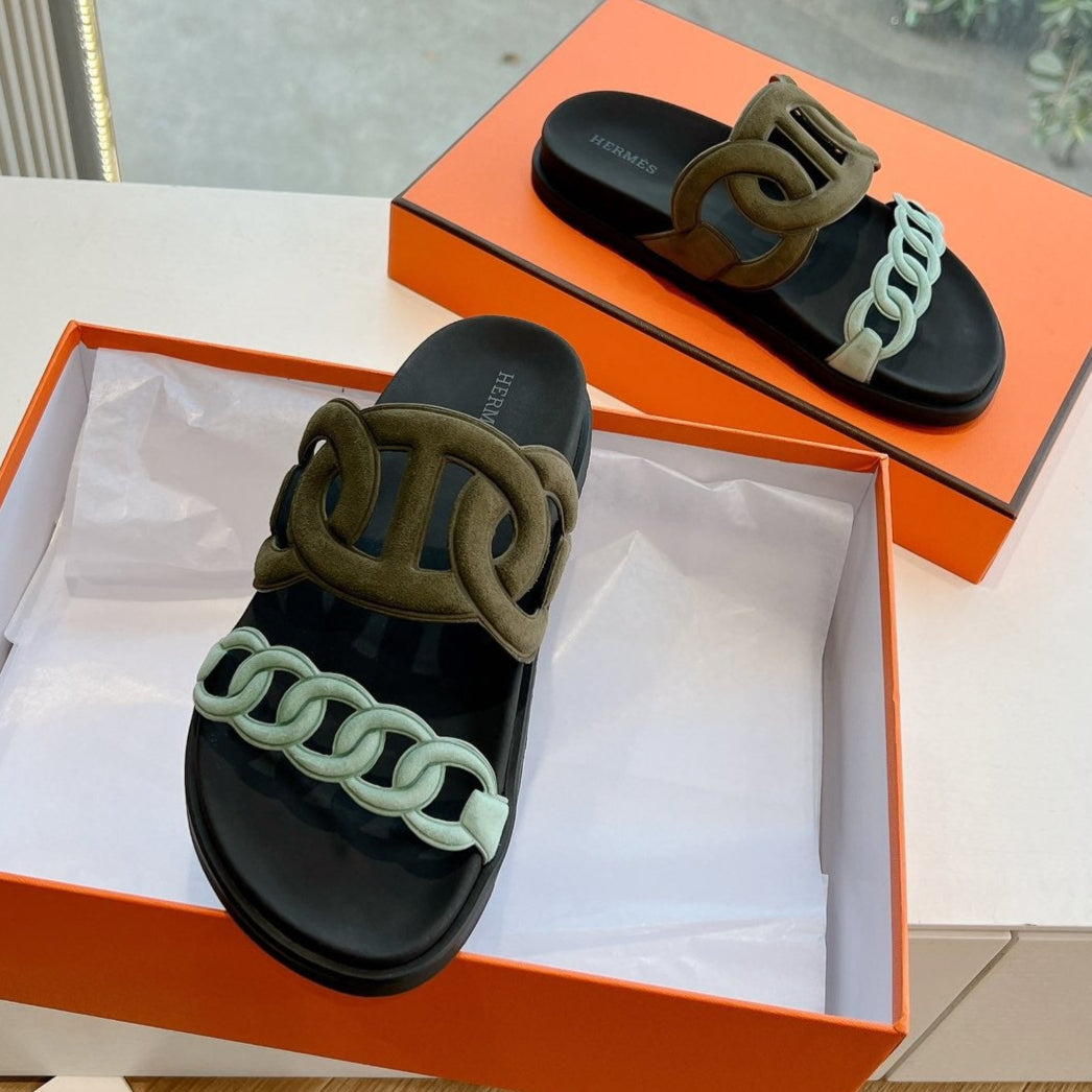 HERMES EXTRA SANDAL IN ARMY GREEN MIX ELECTRIC BLUE CALFSKIN