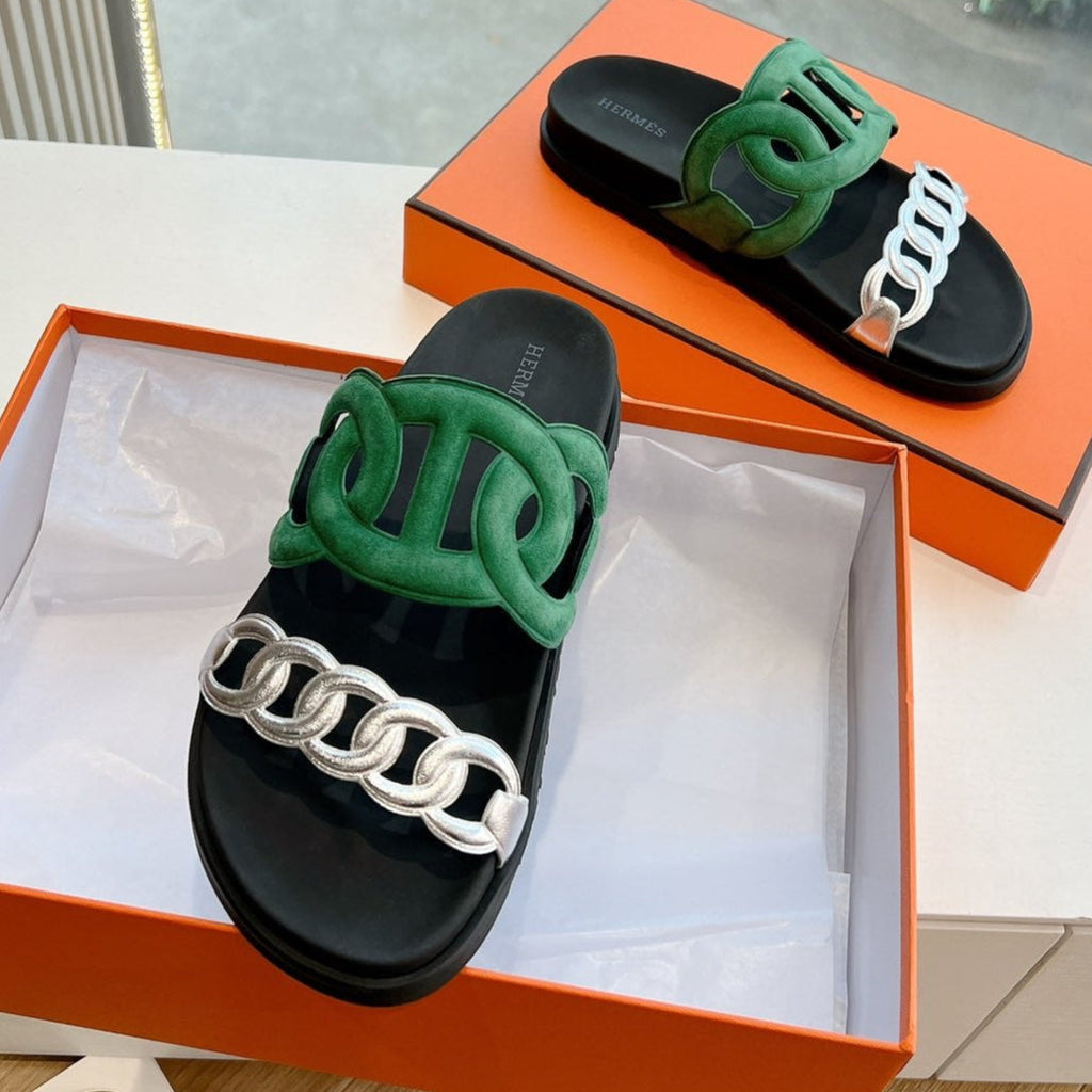 HERMES EXTRA SANDAL IN MEDIUM GREEN MIX SILVER CALFSKIN