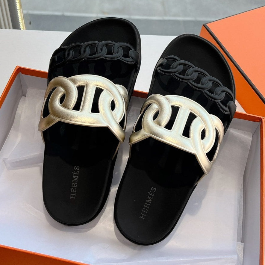 HERMES EXTRA SANDAL IN GOLD MIX BLACK CALFSKIN