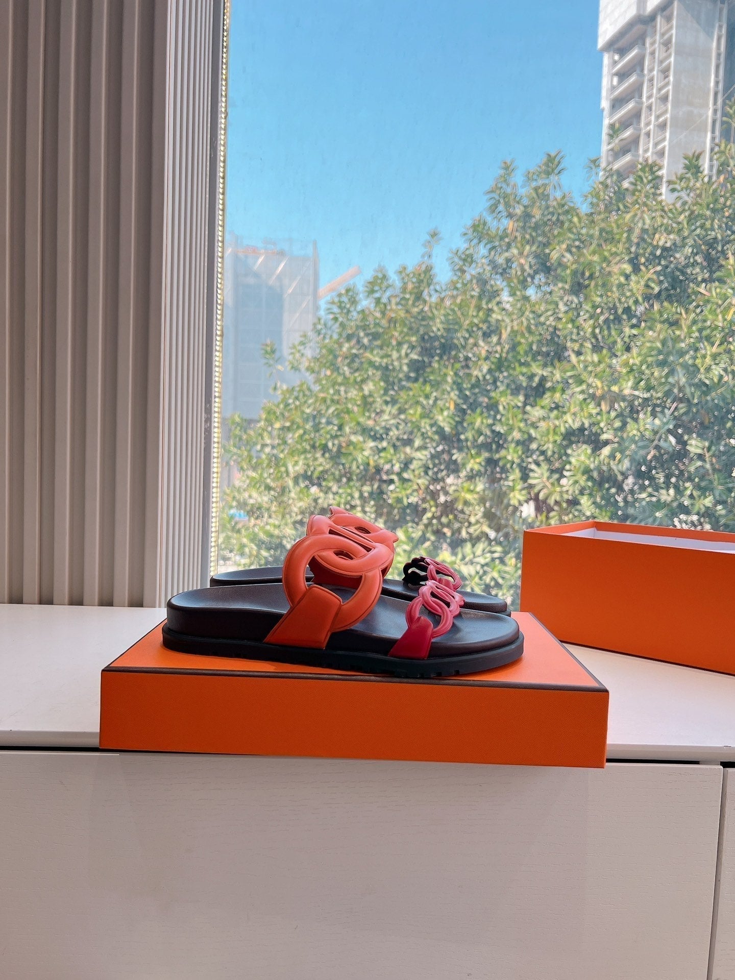 HERMES EXTRA SANDAL IN CHERRY RED MIX FIRE ORANGE CALFSKIN