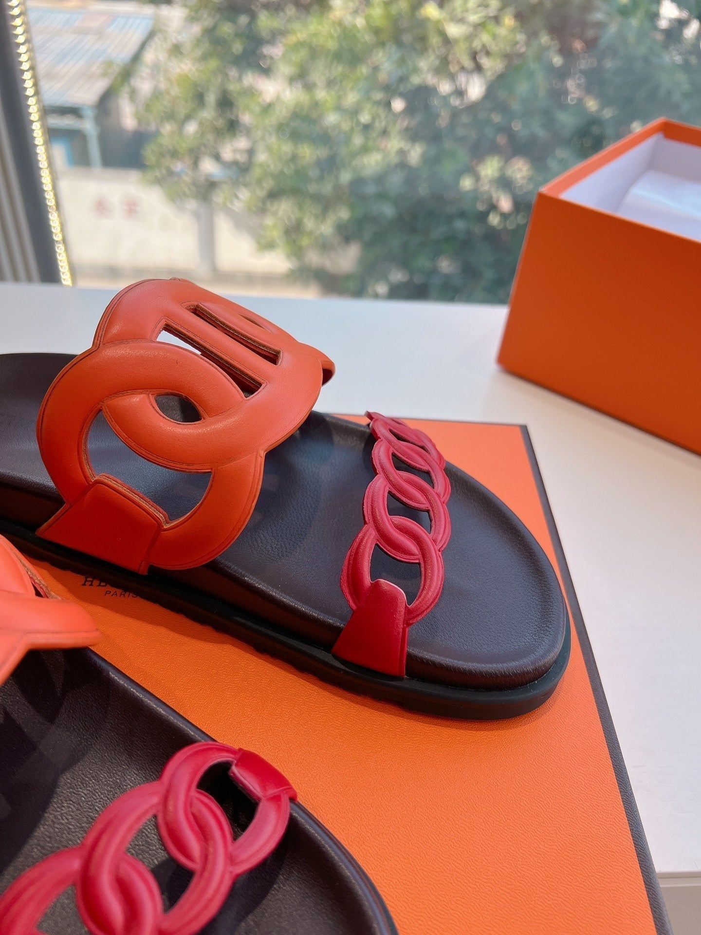 HERMES EXTRA SANDAL IN CHERRY RED MIX FIRE ORANGE CALFSKIN