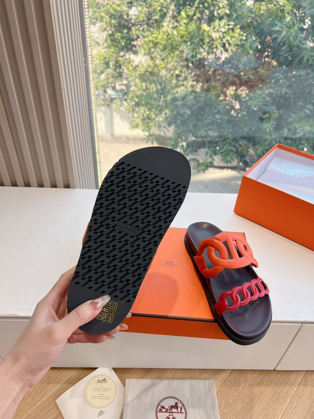 HERMES EXTRA SANDAL IN CHERRY RED MIX FIRE ORANGE CALFSKIN