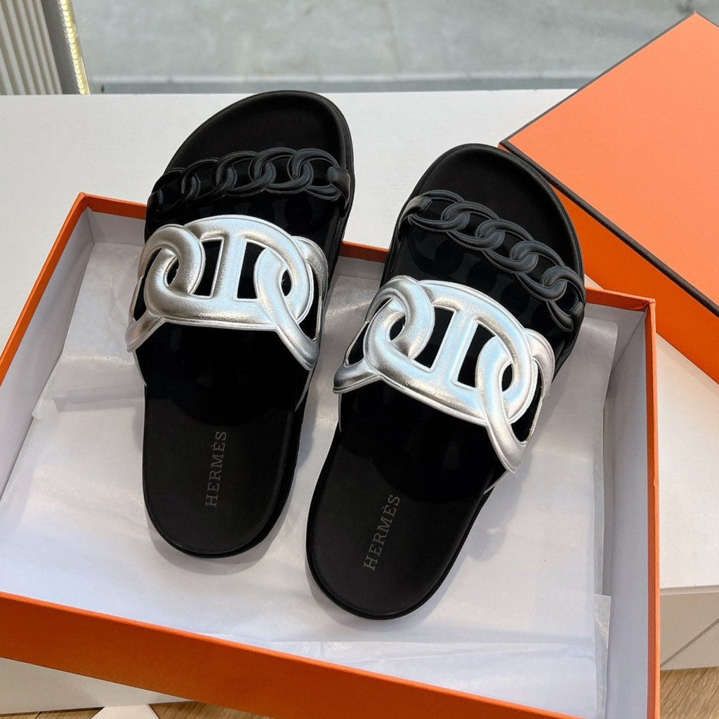 HERMES EXTRA SANDAL IN SILVER MIX BLACK CALFSKIN