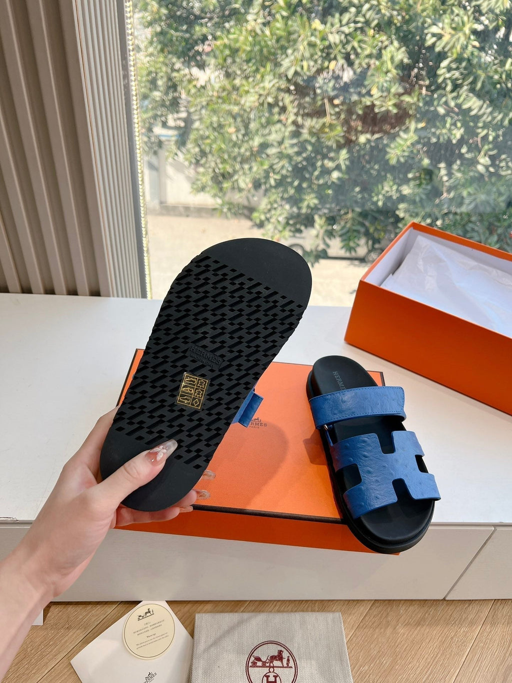 HERMES CHYPRE SANDAL IN COBALT BLUE GRAINED CALFSKIN