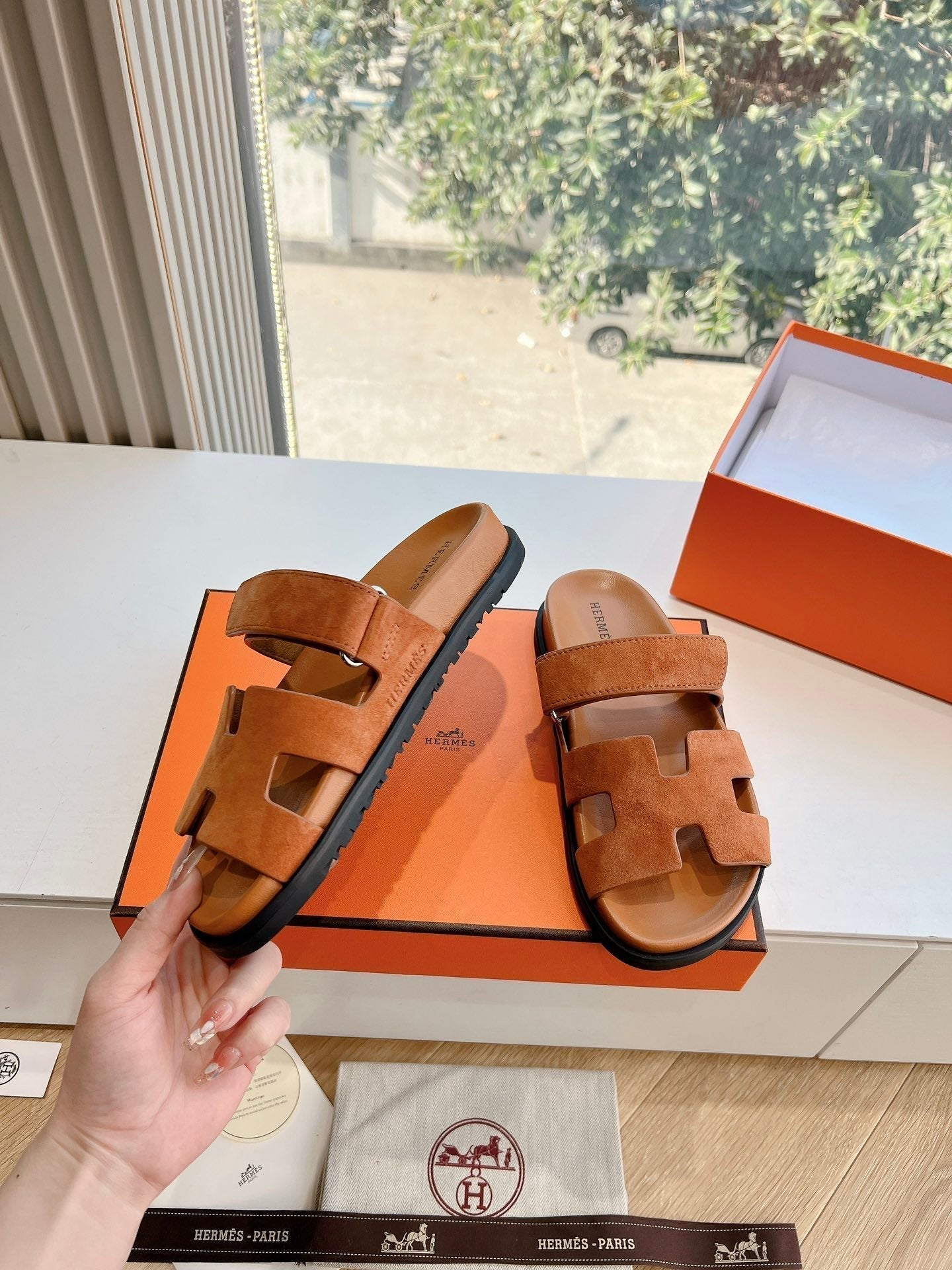 HERMES CHYPRE SANDAL IN VIVID ORANGE SUEDE