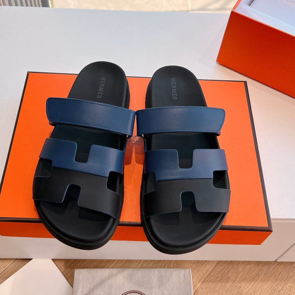 HERMES CHYPRE SANDAL IN AEGEAN BLUE MIX BLACK CALFSKIN