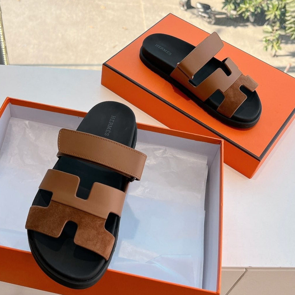 HERMES CHYPRE SANDAL IN BRONZE BROWN SUEDE AND CALFSKIN