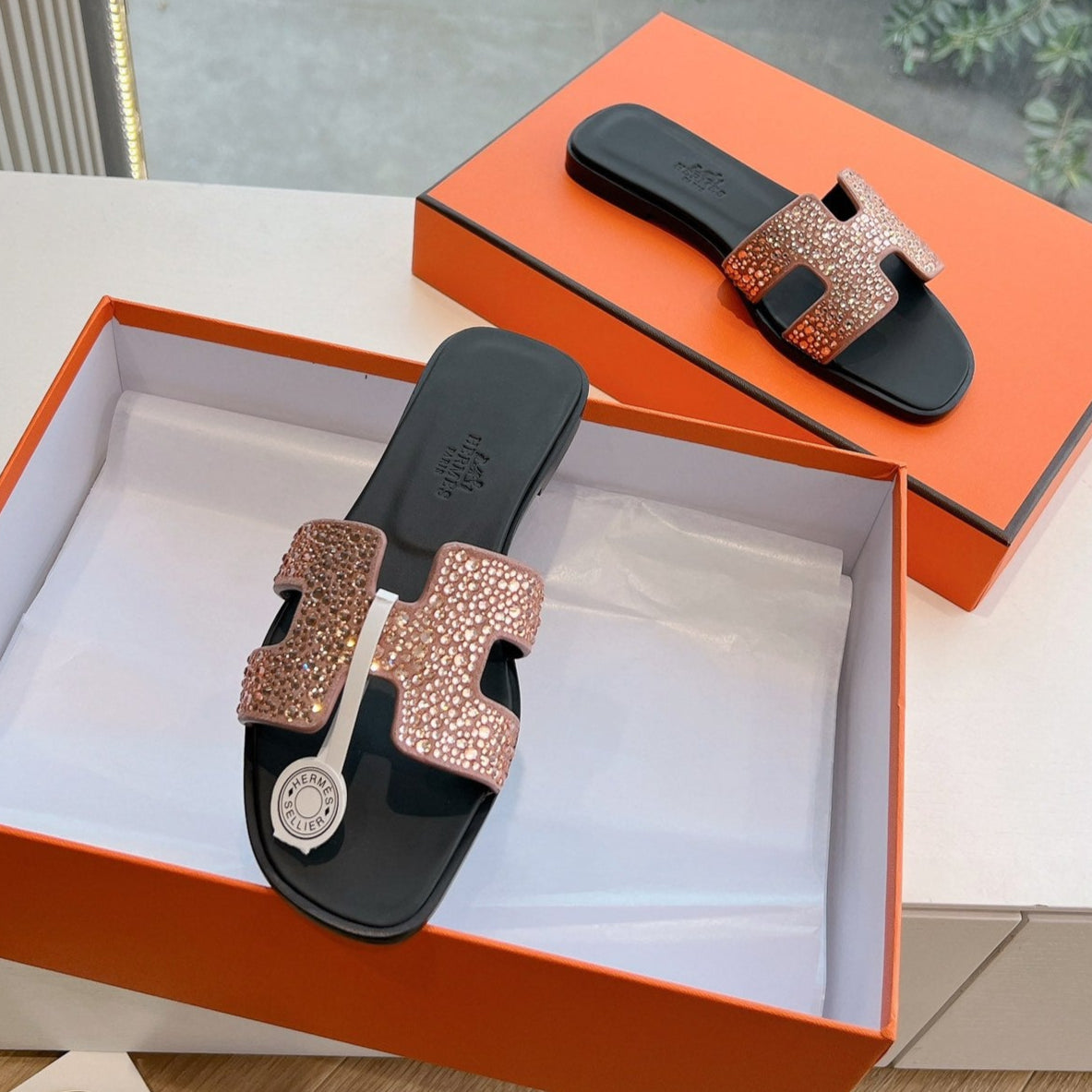 HERMES 0RAN SLIDE IN PENNY BROWN CALFSKIN WITH CRYSTALS