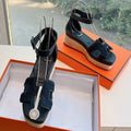 HERMES ELDA ESPADRILLE IN MIDNIGHT BLUE FABRIC AND BLACK CALFSKIN
