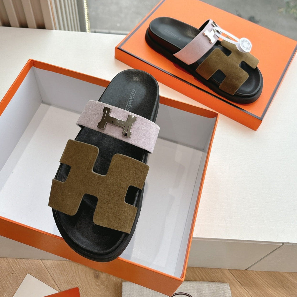 HERMES CHYPRE SANDAL IN LIGHT PINK MIX CHOCOLATE BROWN SUEDE