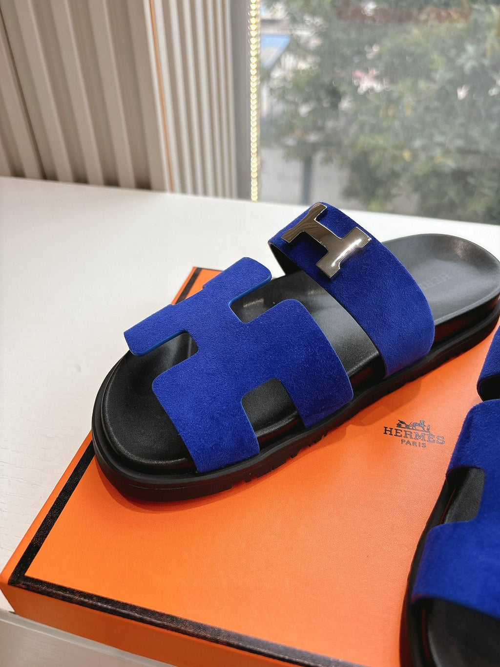HERMES CHYPRE SANDAL IN COBALT BLUE SUEDE