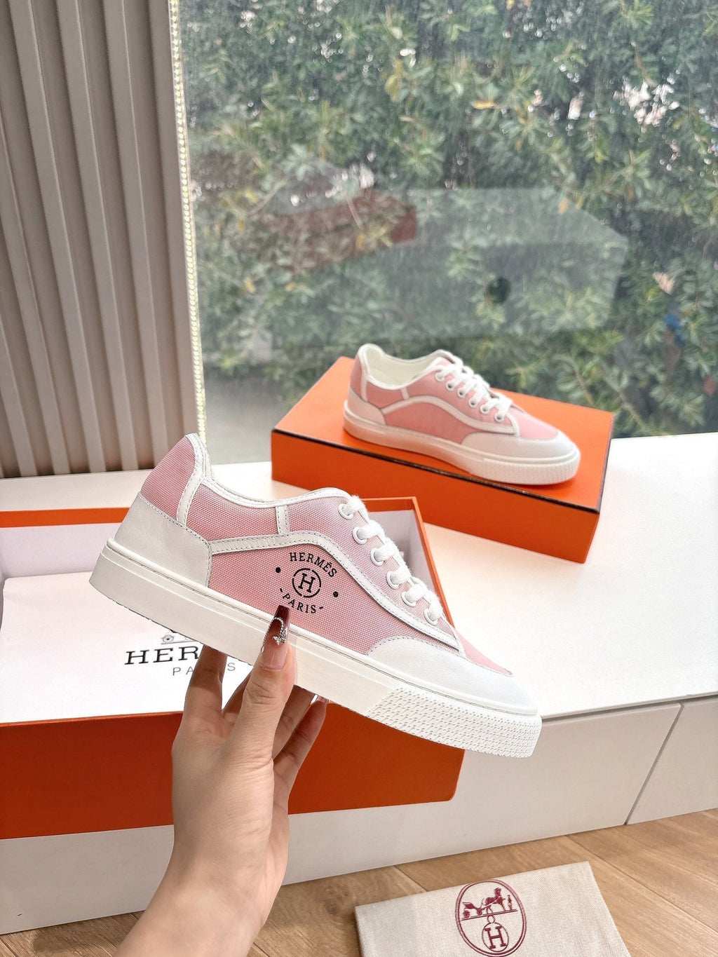 HERMES GET SNEAKER IN ROSE PINK MAXI CANVAS AND WHITE CALFSKIN