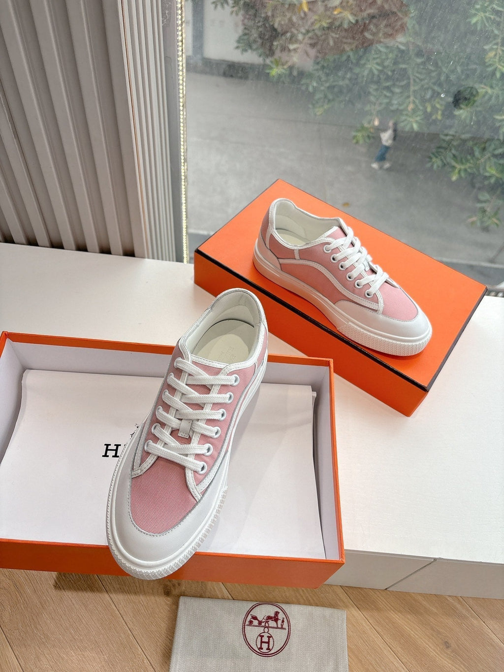 HERMES GET SNEAKER IN ROSE PINK MAXI CANVAS AND WHITE CALFSKIN
