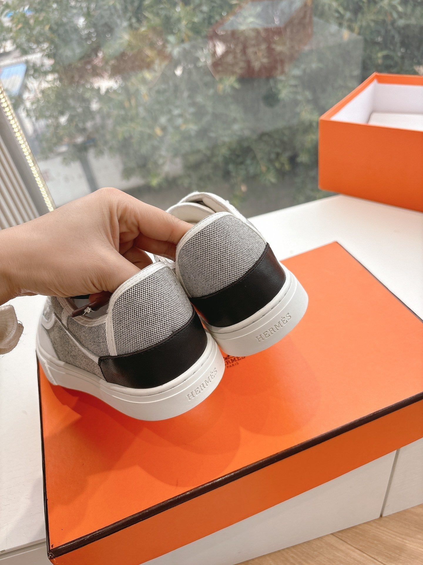 HERMES GET SNEAKER IN DOVE GRAY MAXI CANVAS AND CALFSKIN
