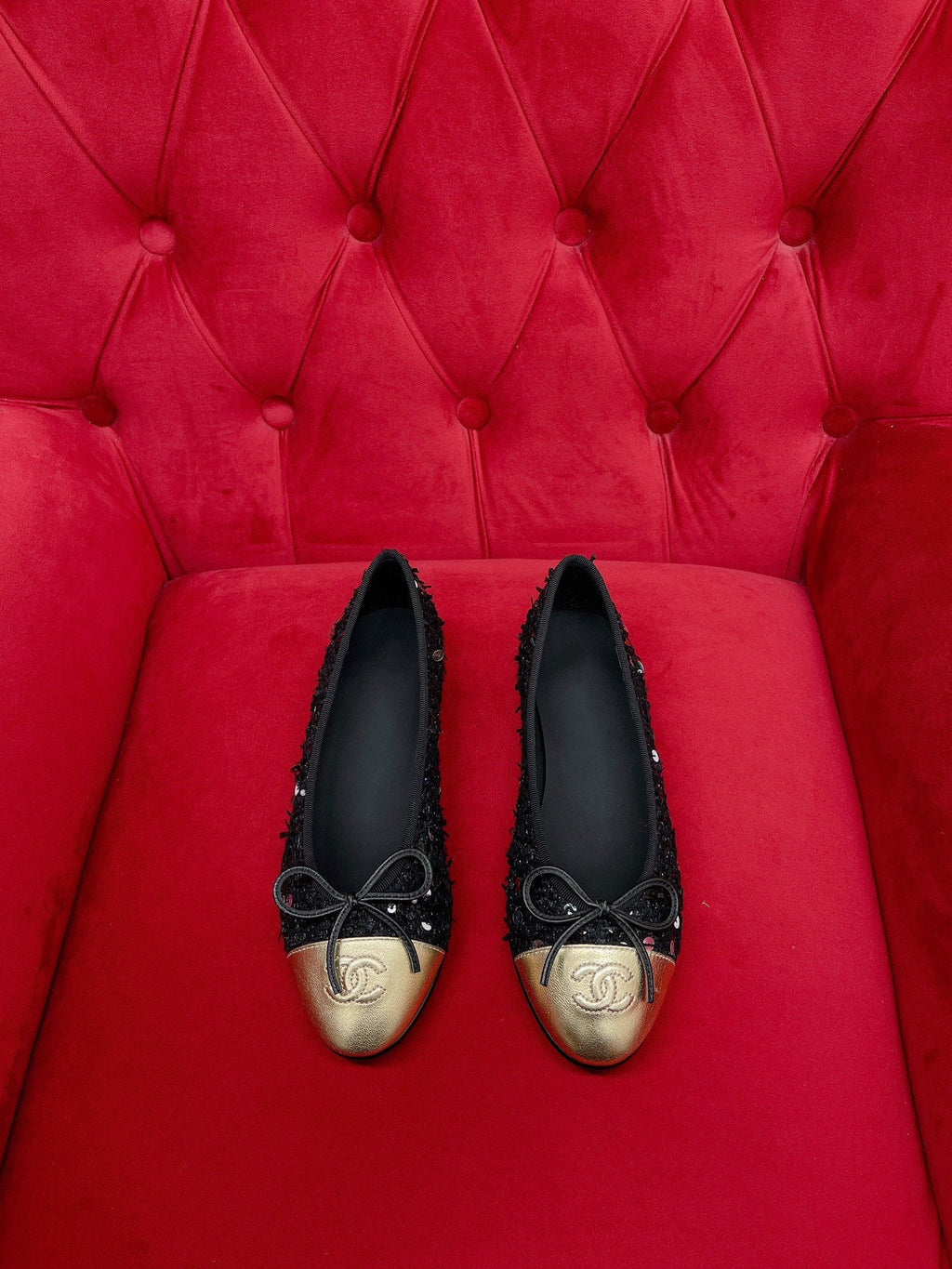 CHANEL ballet flat black gold tweed metal calfskin