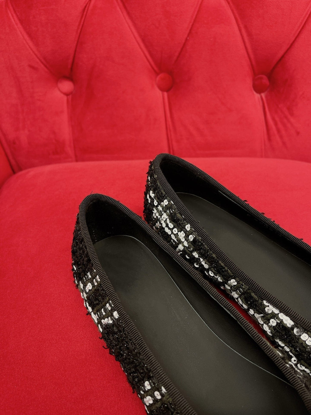 CHANEL ballet flat black white tweed lambskin
