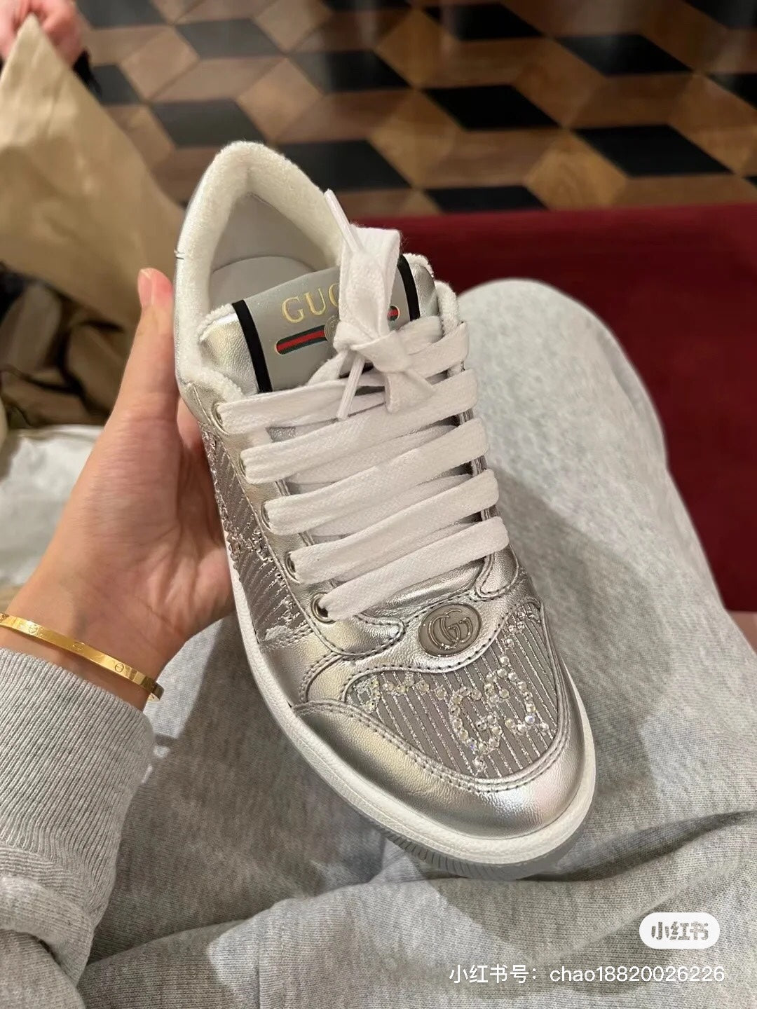 GUCCI SCREENER SNEAKER SILVER CALFSKIN UNIQUE
