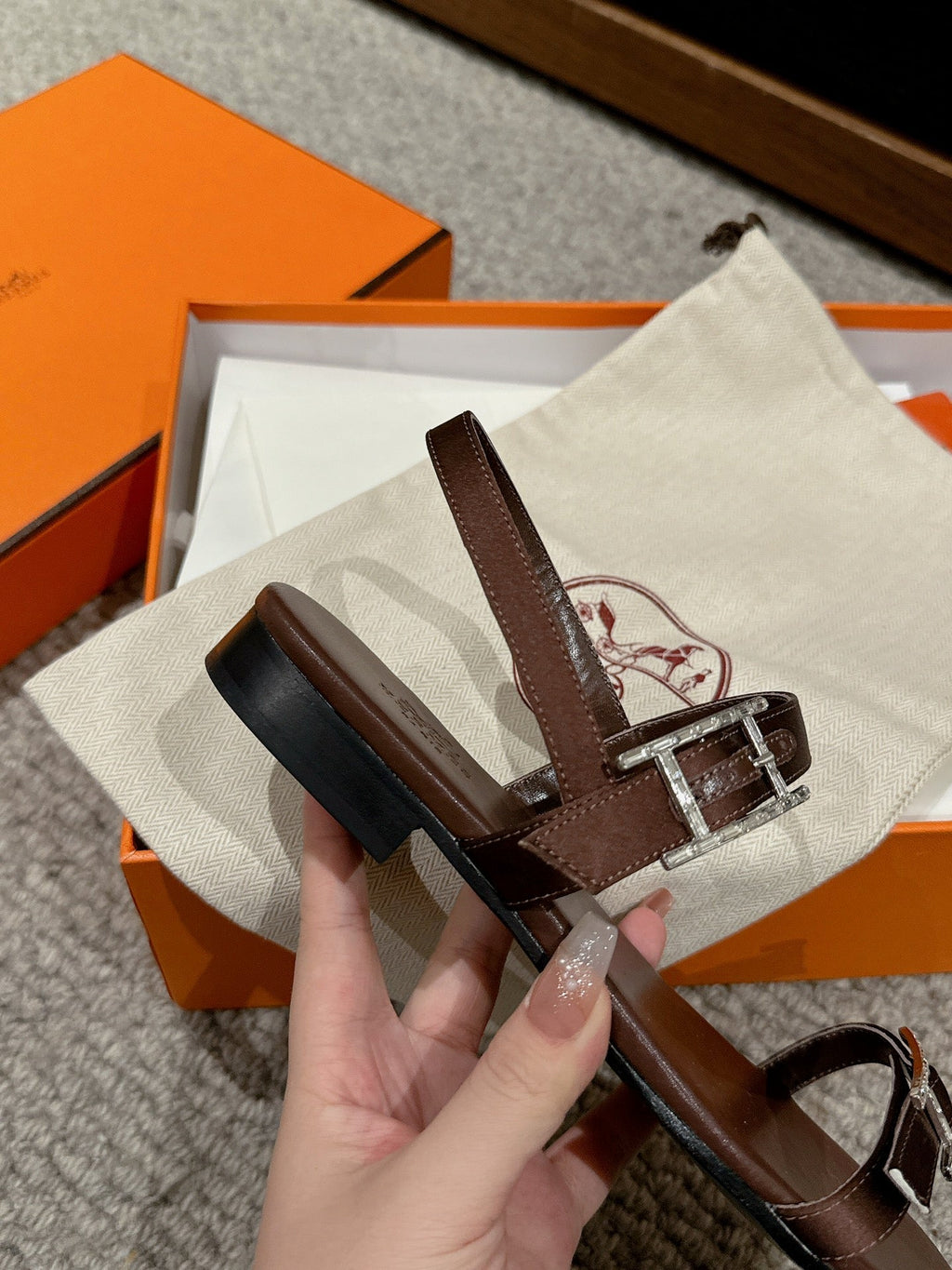 HERMES BUCKLE SANDAL CHOCOLATE CALFSKIN