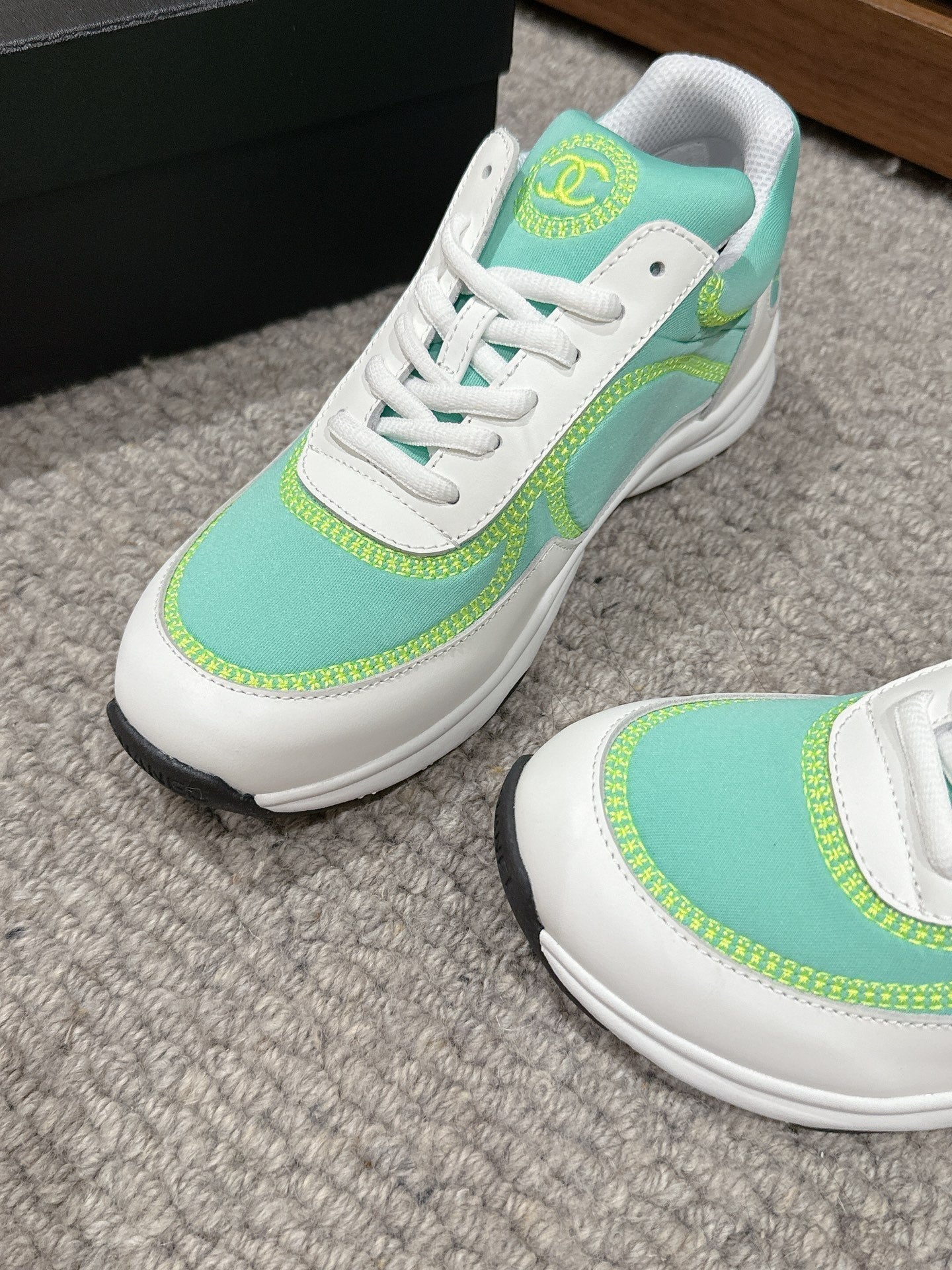 CHANEL CLASSIC TRAINER IN MINT GREEN MIX WHITE FABRIC