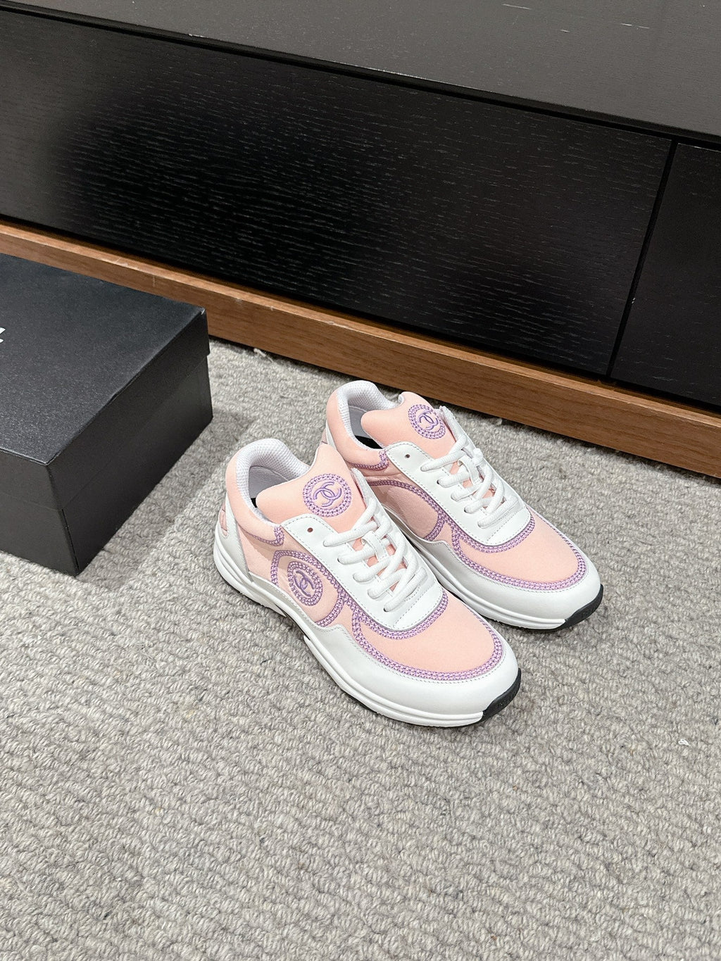 CHANEL CLASSIC TRAINER IN LIGHT PINK MIX WHITE FABRIC