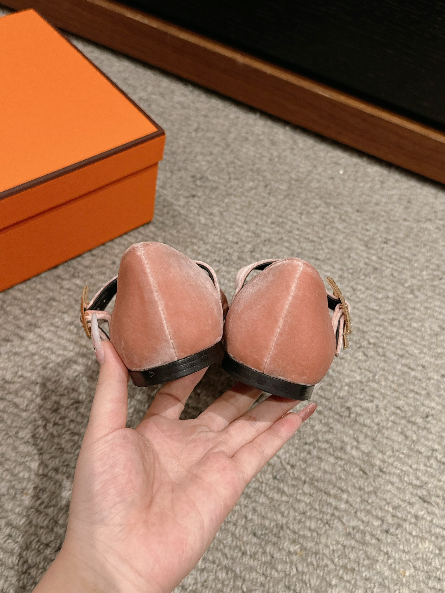 HERMES JANE BALLET FLAT PEACHY PINK VELVET