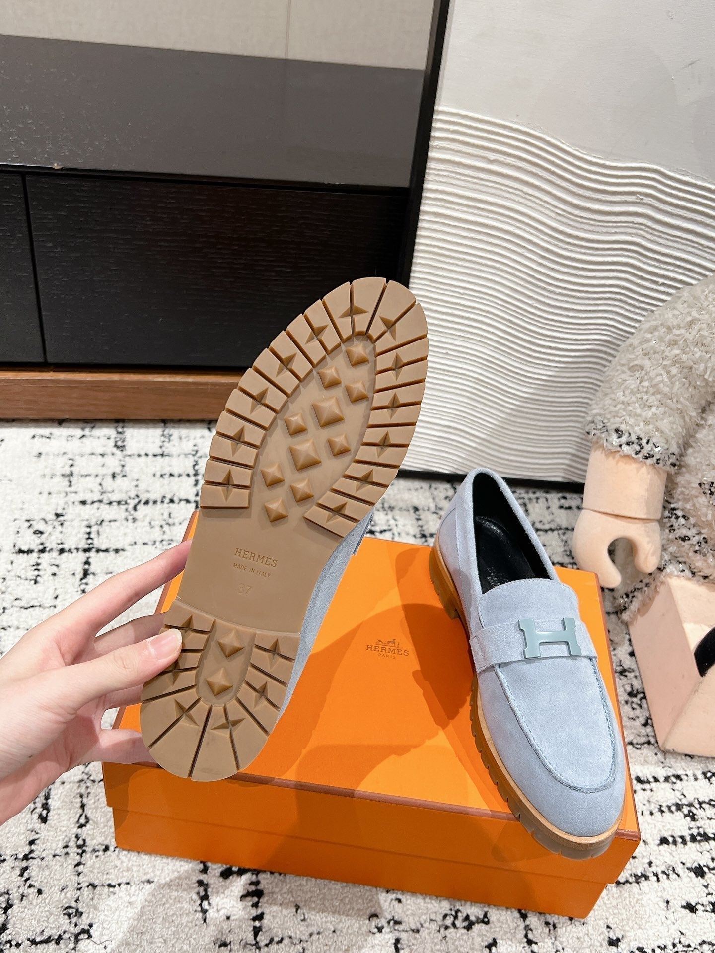 HERMES PARIS LOAFER IN BLUE SUEDE BLUE HARDWARE