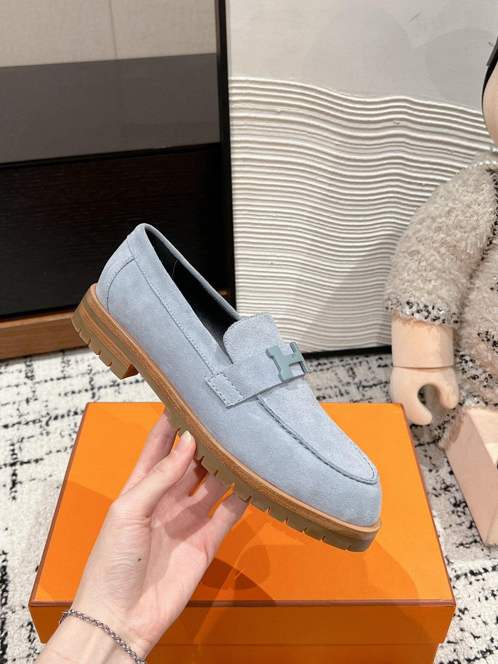 HERMES PARIS LOAFER IN BLUE SUEDE BLUE HARDWARE