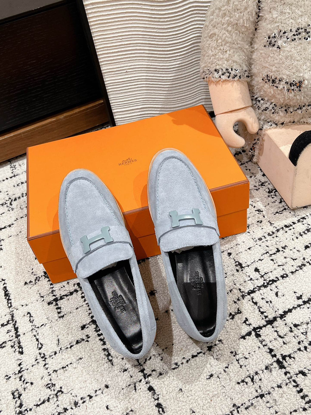 HERMES PARIS LOAFER IN BLUE SUEDE BLUE HARDWARE