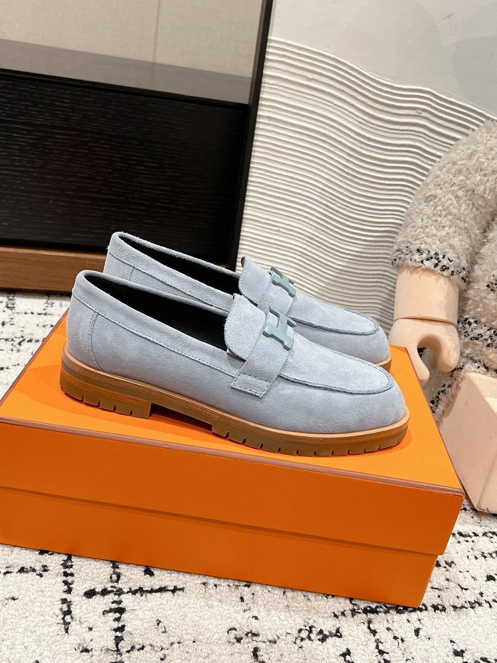HERMES PARIS LOAFER IN BLUE SUEDE BLUE HARDWARE