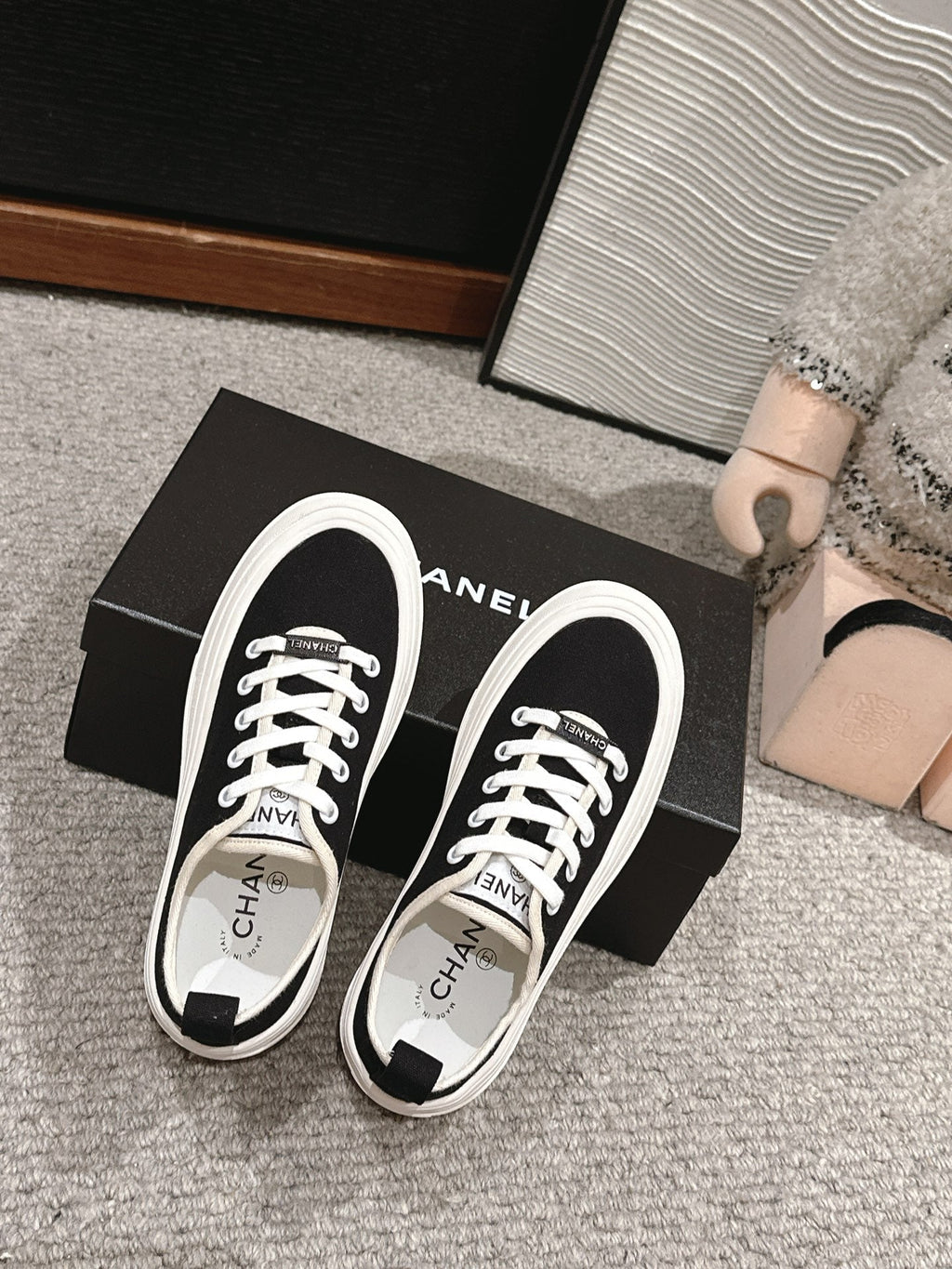 CHANEL LACE-UP SNEAKERS IN BLACK CANVAS