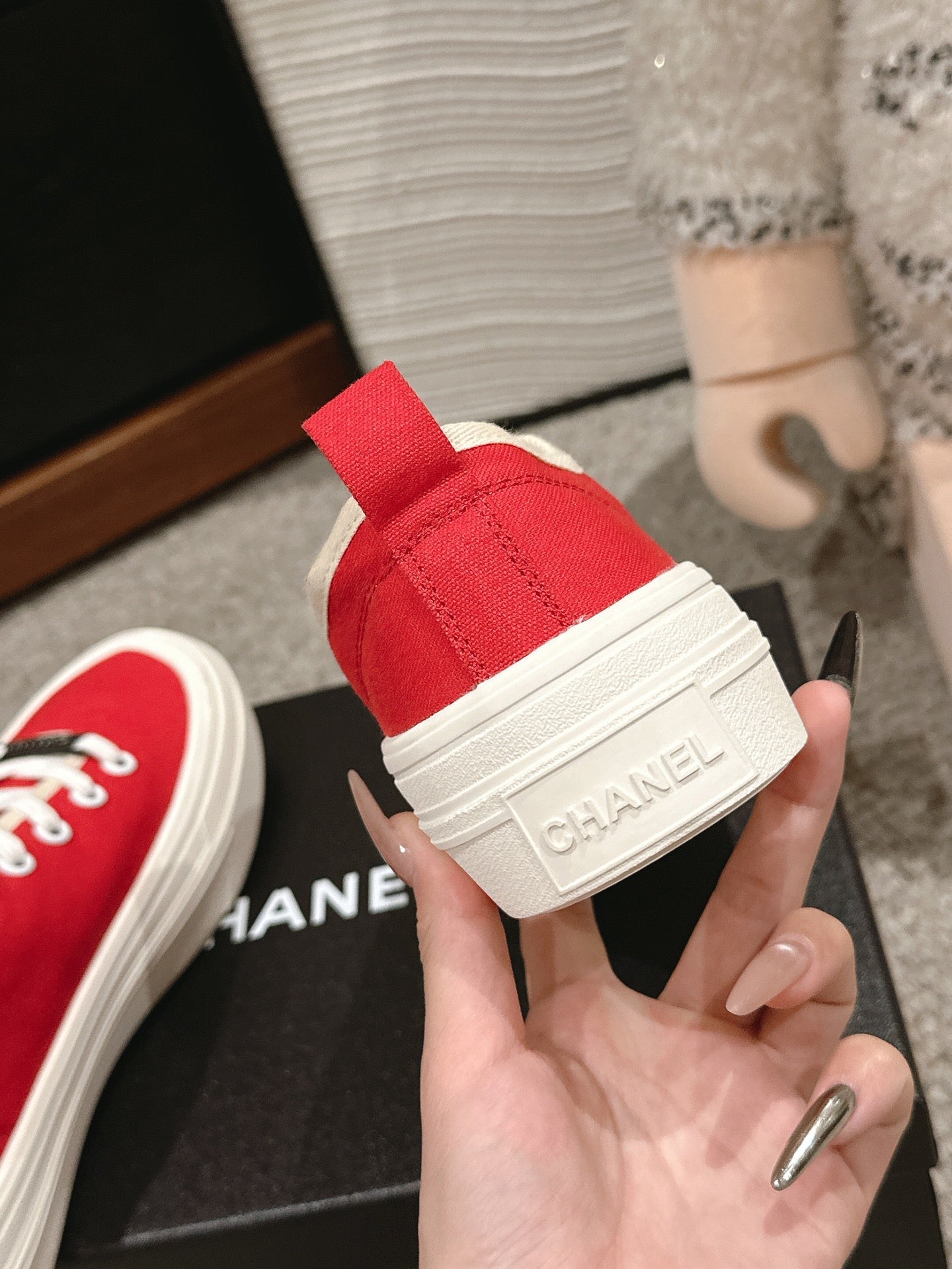 CHANEL LACE-UP SNEAKERS IN CHERRY RED CANVAS