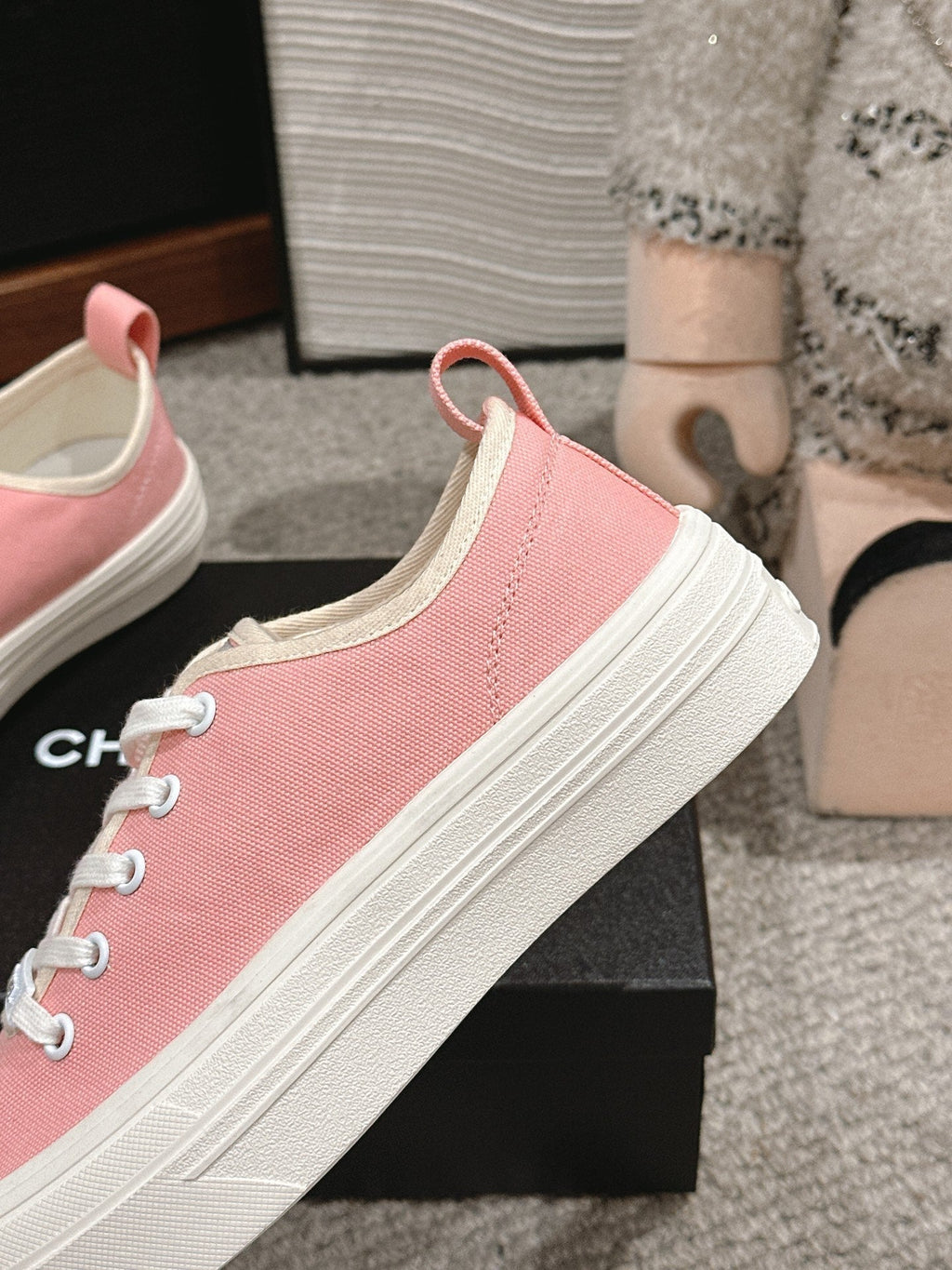 CHANEL LACE-UP SNEAKERS IN PASTEL PINK CANVAS