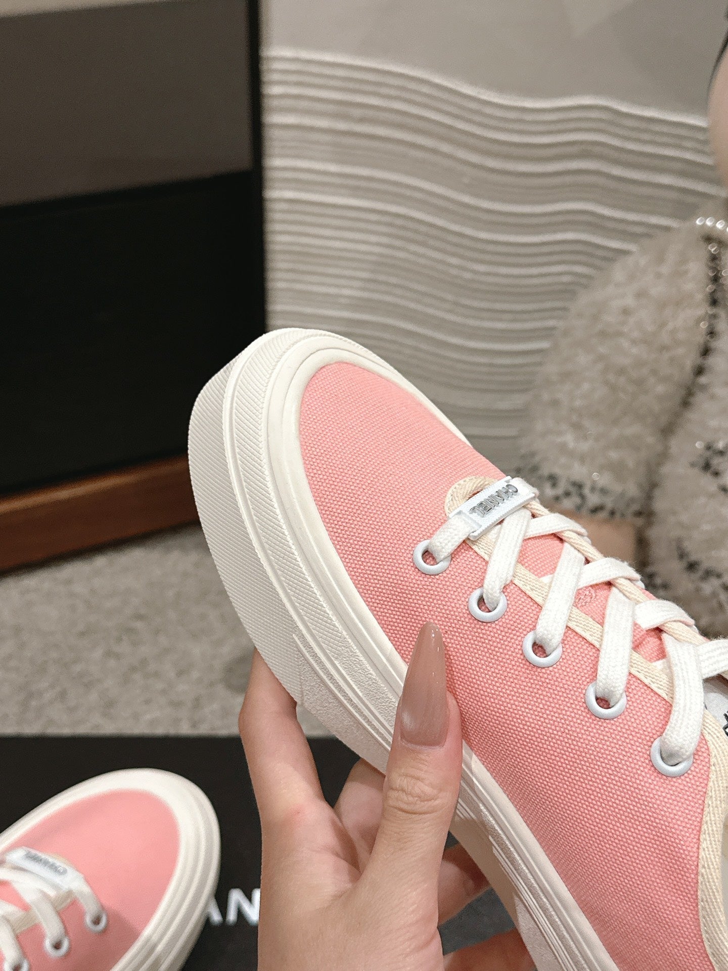 CHANEL LACE-UP SNEAKERS IN PASTEL PINK CANVAS