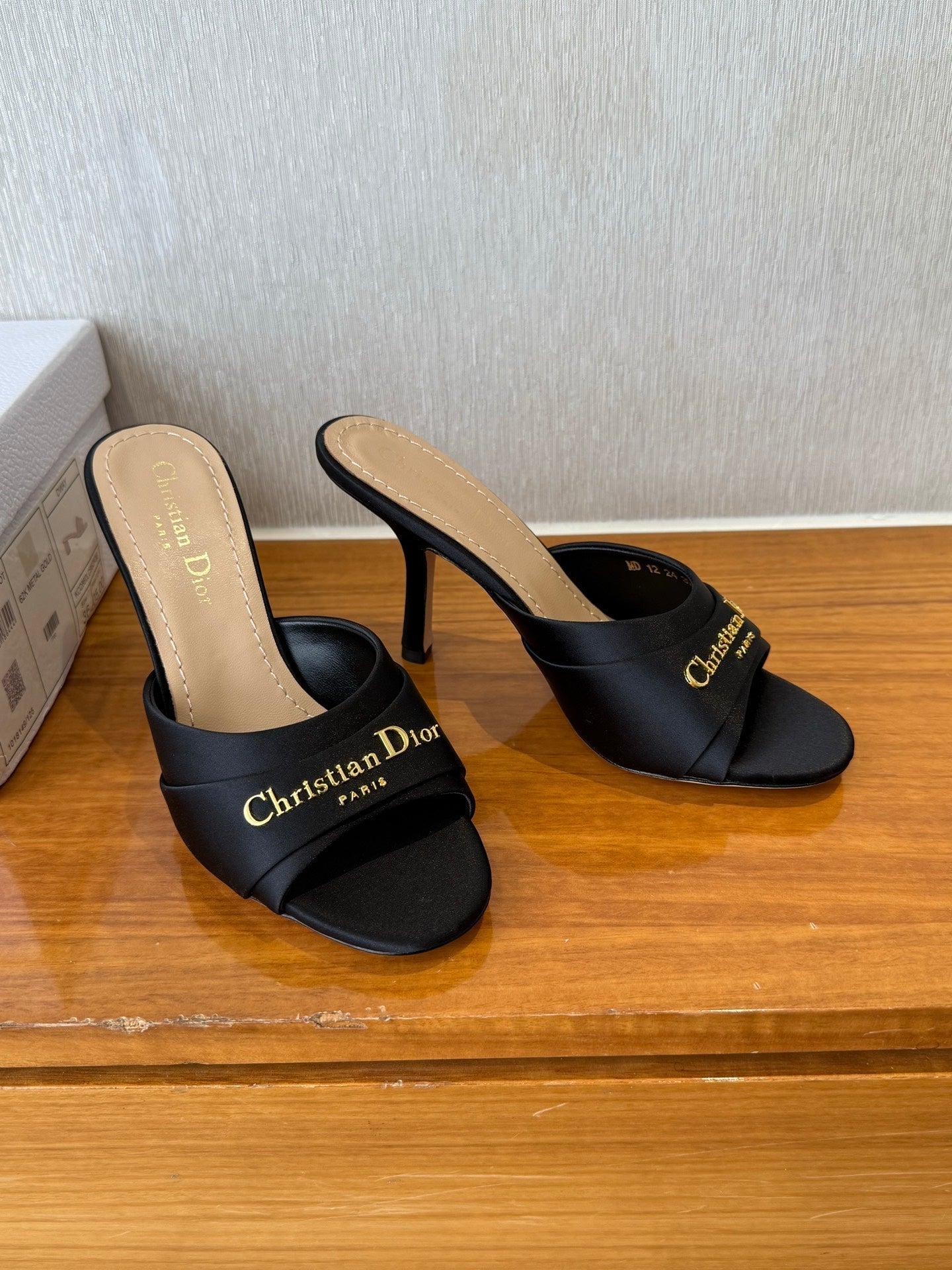 DIOR PEEP TOE SANDAL 25S HEELS 10CM IN BLACK SATIN