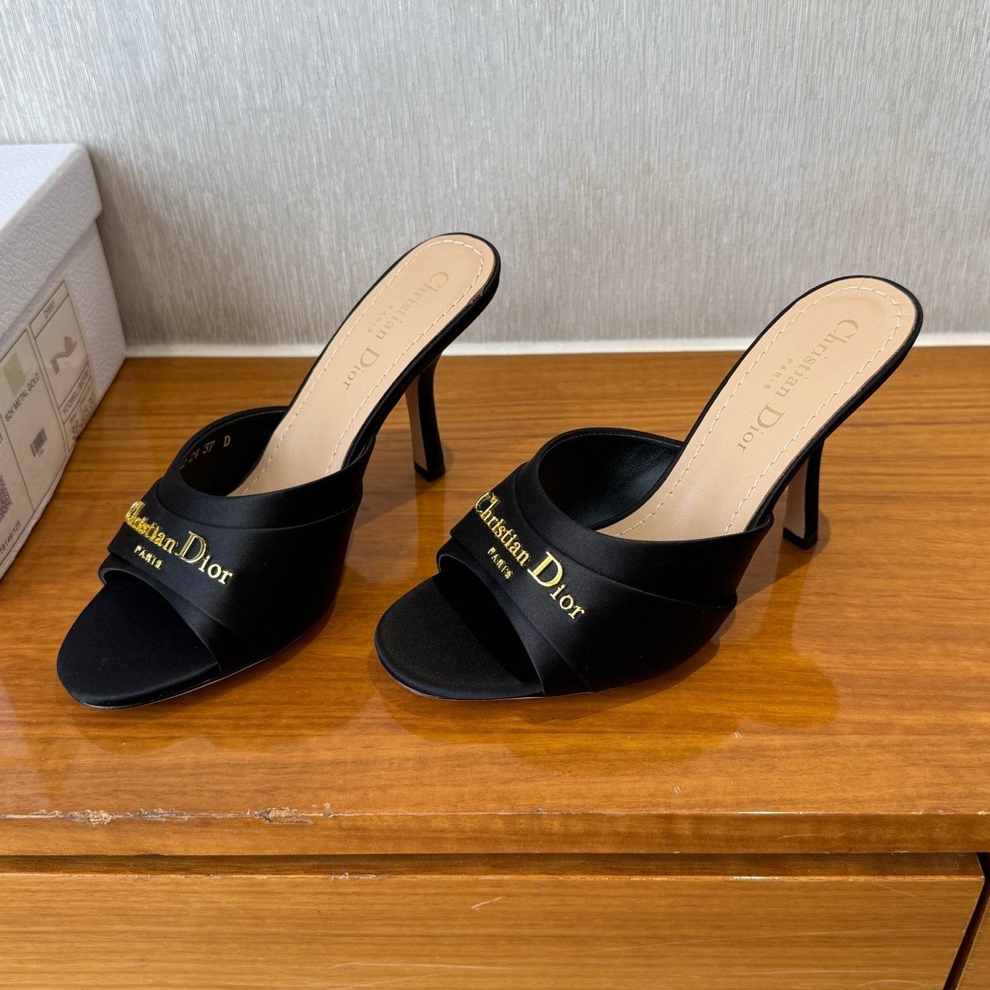 DIOR PEEP TOE SANDAL 25S HEELS 10CM IN BLACK SATIN