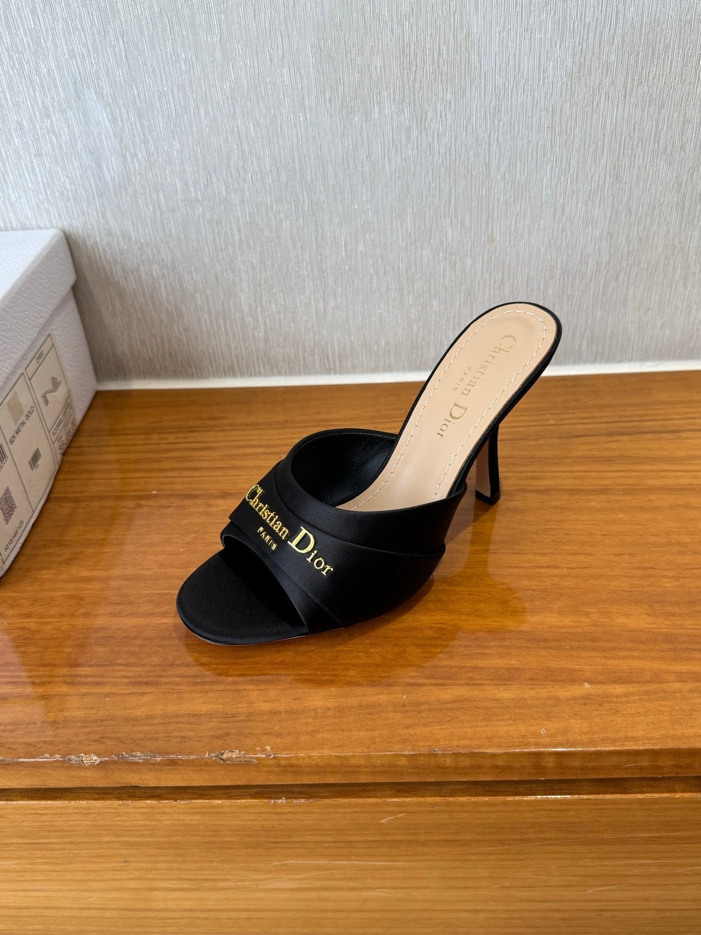DIOR PEEP TOE SANDAL 25S HEELS 10CM IN BLACK SATIN