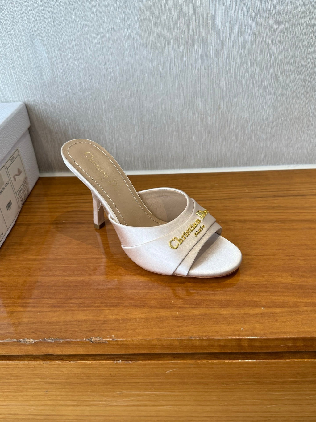 DIOR PEEP TOE SANDAL 25S HEELS 10CM IN PALE PINK BEIGE SATIN