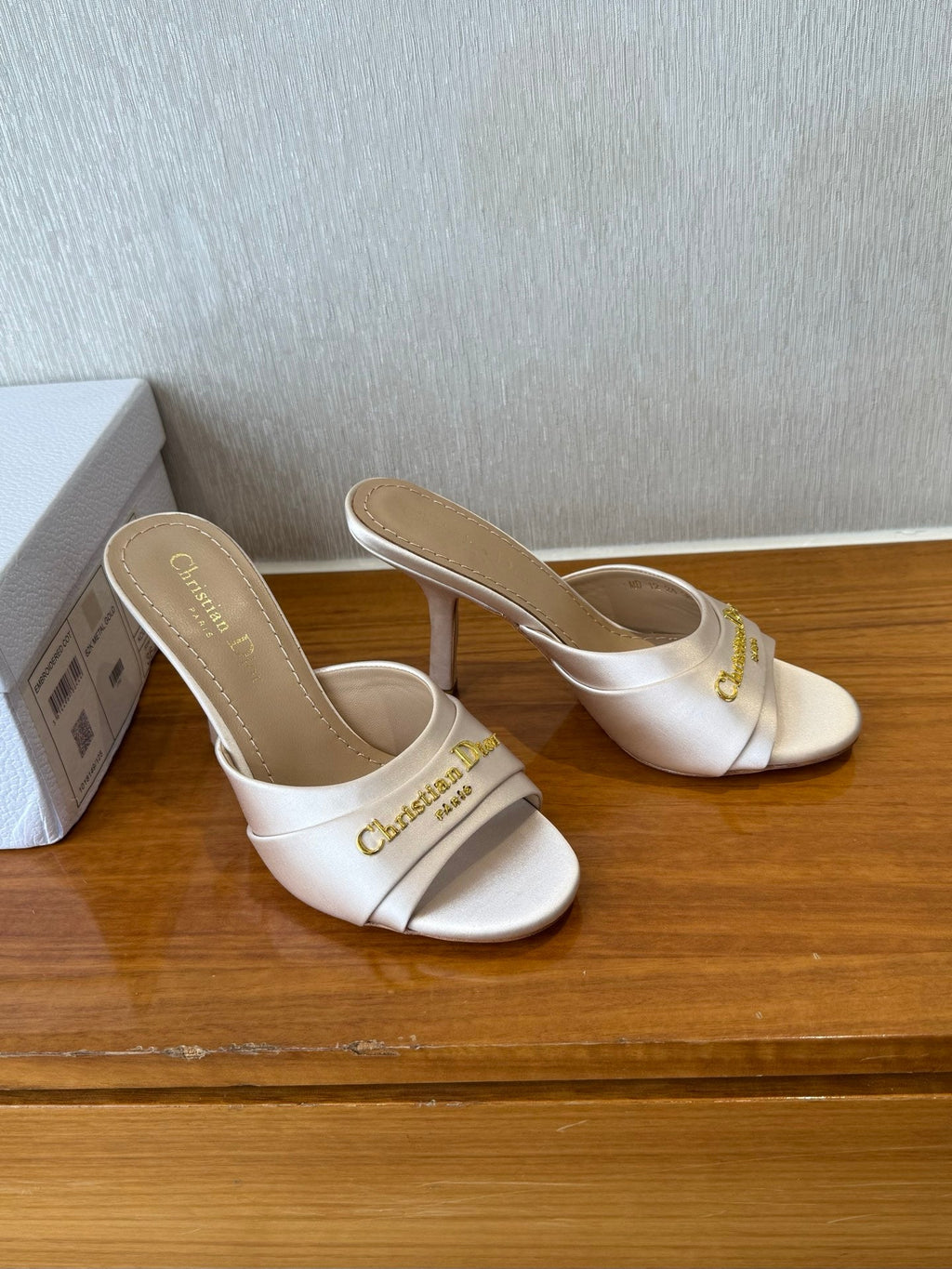 DIOR PEEP TOE SANDAL 25S HEELS 10CM IN PALE PINK BEIGE SATIN