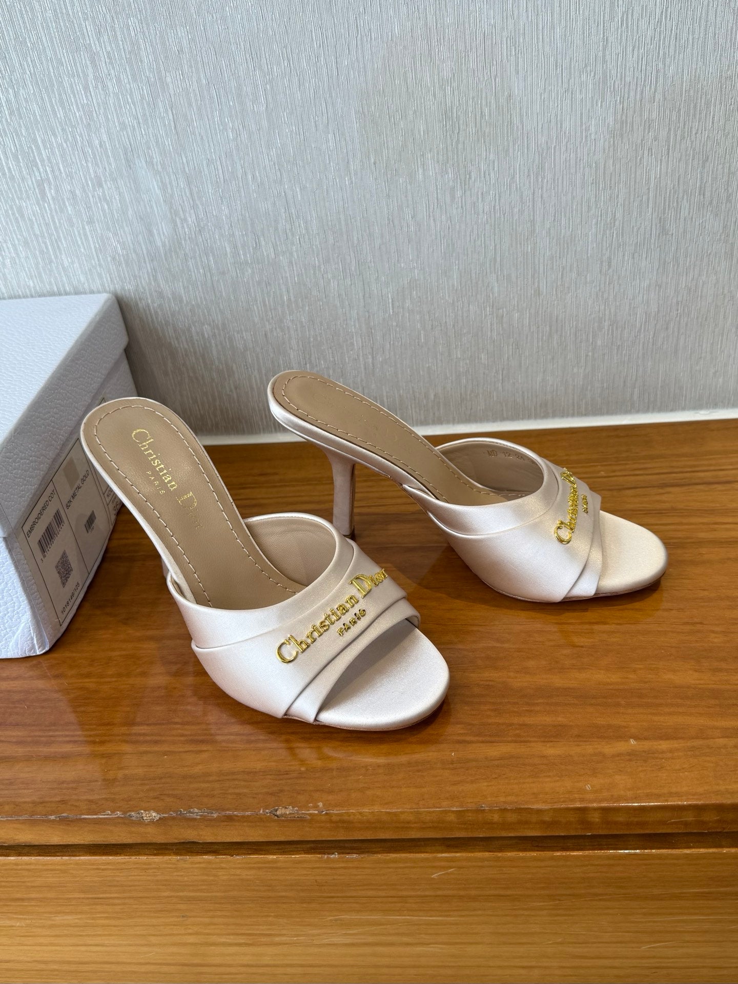 DIOR PEEP TOE SANDAL 25S HEELS 10CM IN PALE PINK BEIGE SATIN