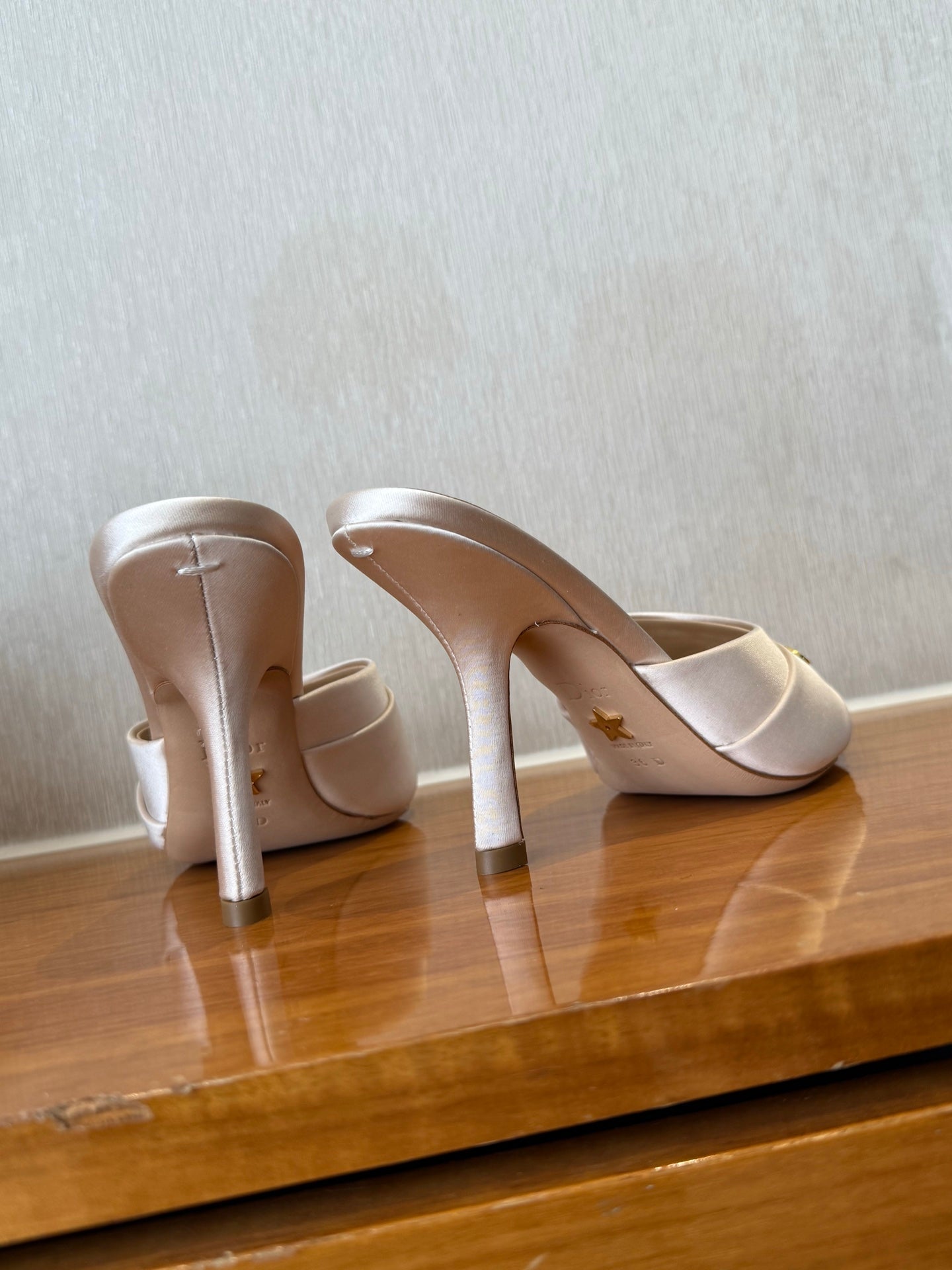 DIOR PEEP TOE SANDAL 25S HEELS 10CM IN PALE PINK BEIGE SATIN