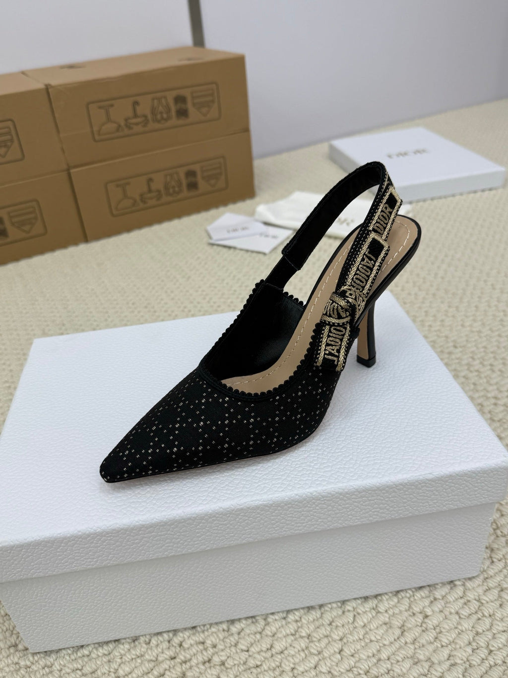 DIOR HIGH SLINGBACK 100 MM 25S IN BLACK FABRIC AND BRAND NAME EMBROIDERY