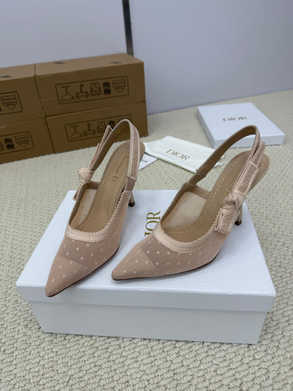 DIOR HIGH SLINGBACK 100 MM 25S IN NUDE LACE NET FABRIC AND SUEDE