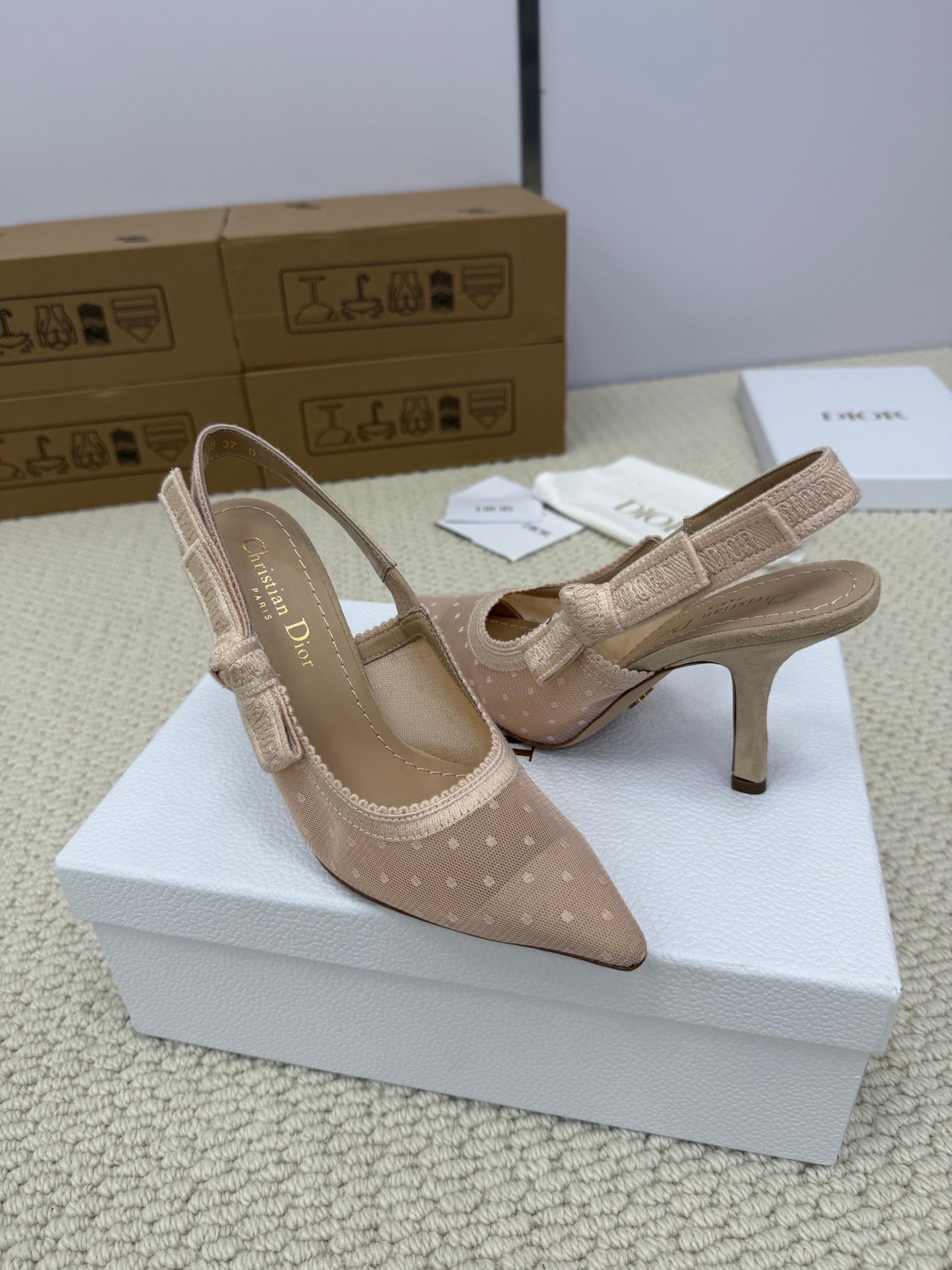 DIOR HIGH SLINGBACK 100 MM 25S IN NUDE LACE NET FABRIC AND SUEDE