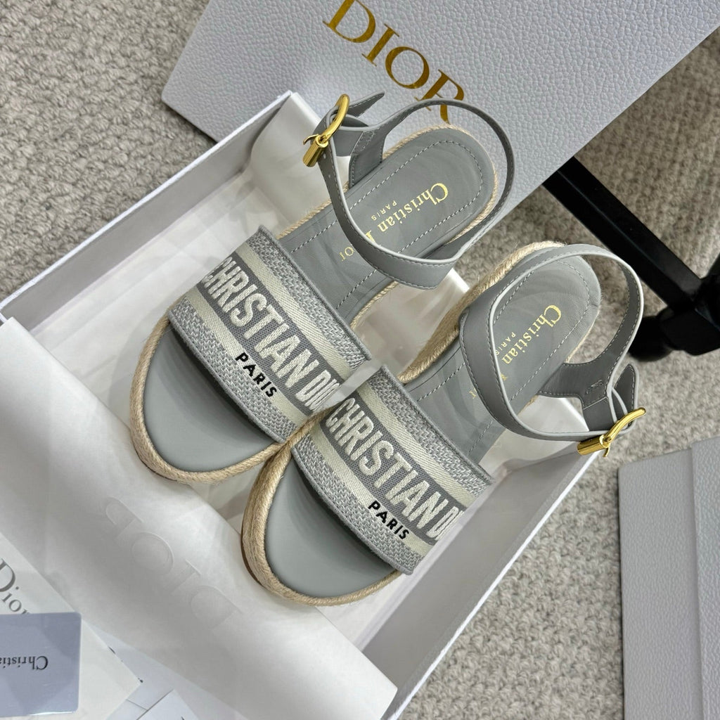 DIOR DWAY WEDGE SANDAL 25S 95MM IN GRAY EMBROIDERED COTTON RAFFIA SOLE