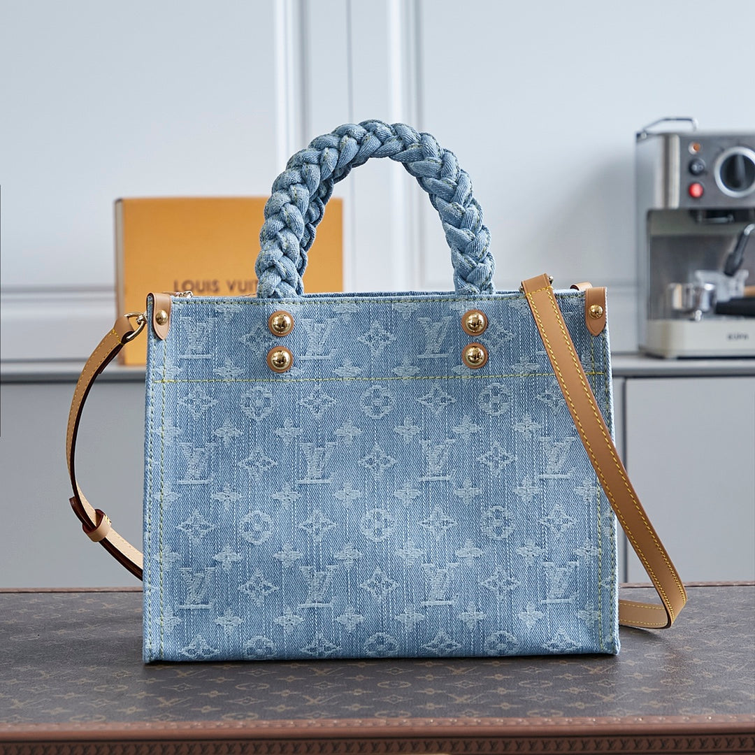 LOUIS VUITTON LET GO PM 28 IN LIGHT BLUE MONOGRAM DENIM GOLD HARDWARE