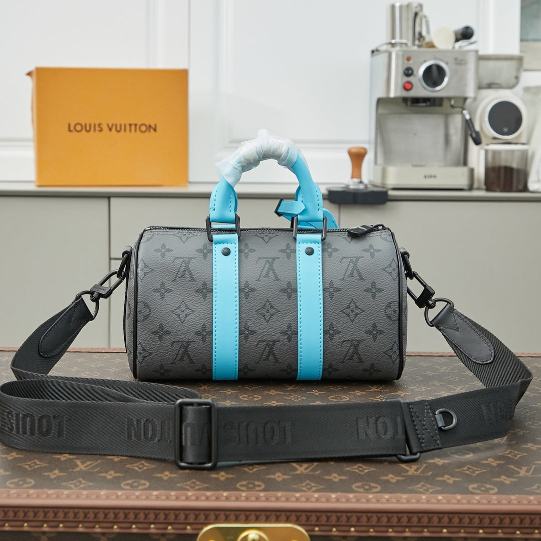 LOUIS VUITTON KEEPALL BANDOULIÈRE 25 IN GUN METAL MONOGRAM ECLIPSE CANVAS MIX TURQUOISE CALFSKIN