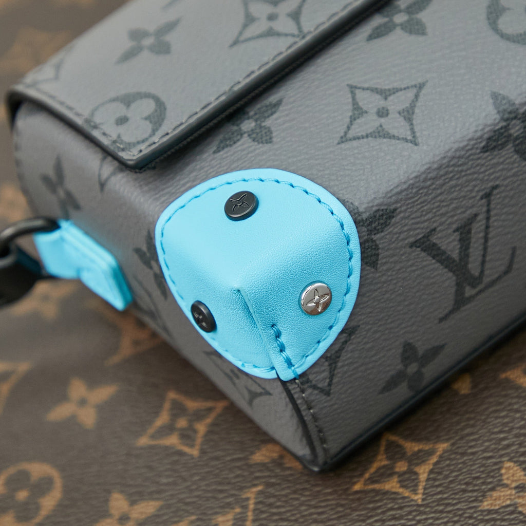 LOUIS VUITTON STEAMER 18 IN GUN METAL MONOGRAM ECLIPSE CANVAS MIX TURQUOISE CALFSKIN